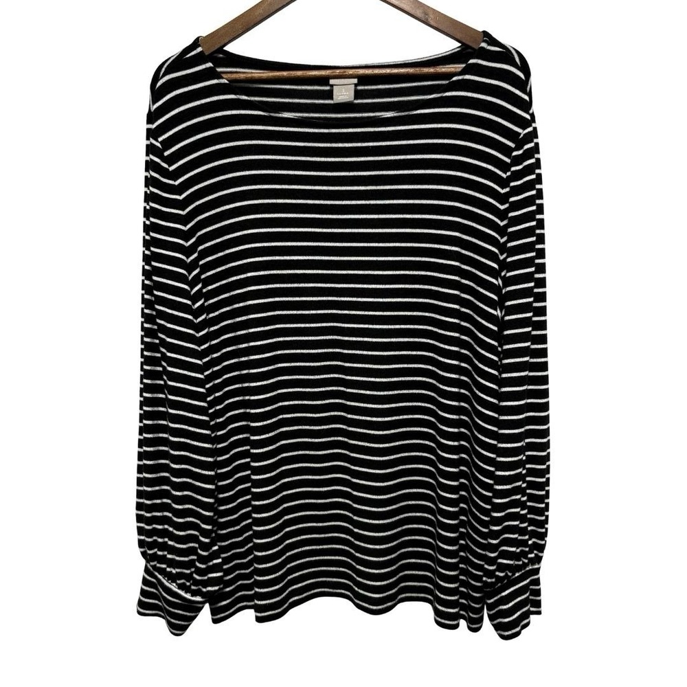 Chicos Tunic Womens XL 16 Black Stripe Balloon Sleeve Soft Stretch Plush Knit